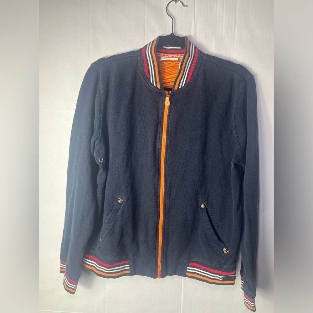 Liz Claiborne Blue Knit Letterman Baseball Jacket Stretch Large Sport Casual